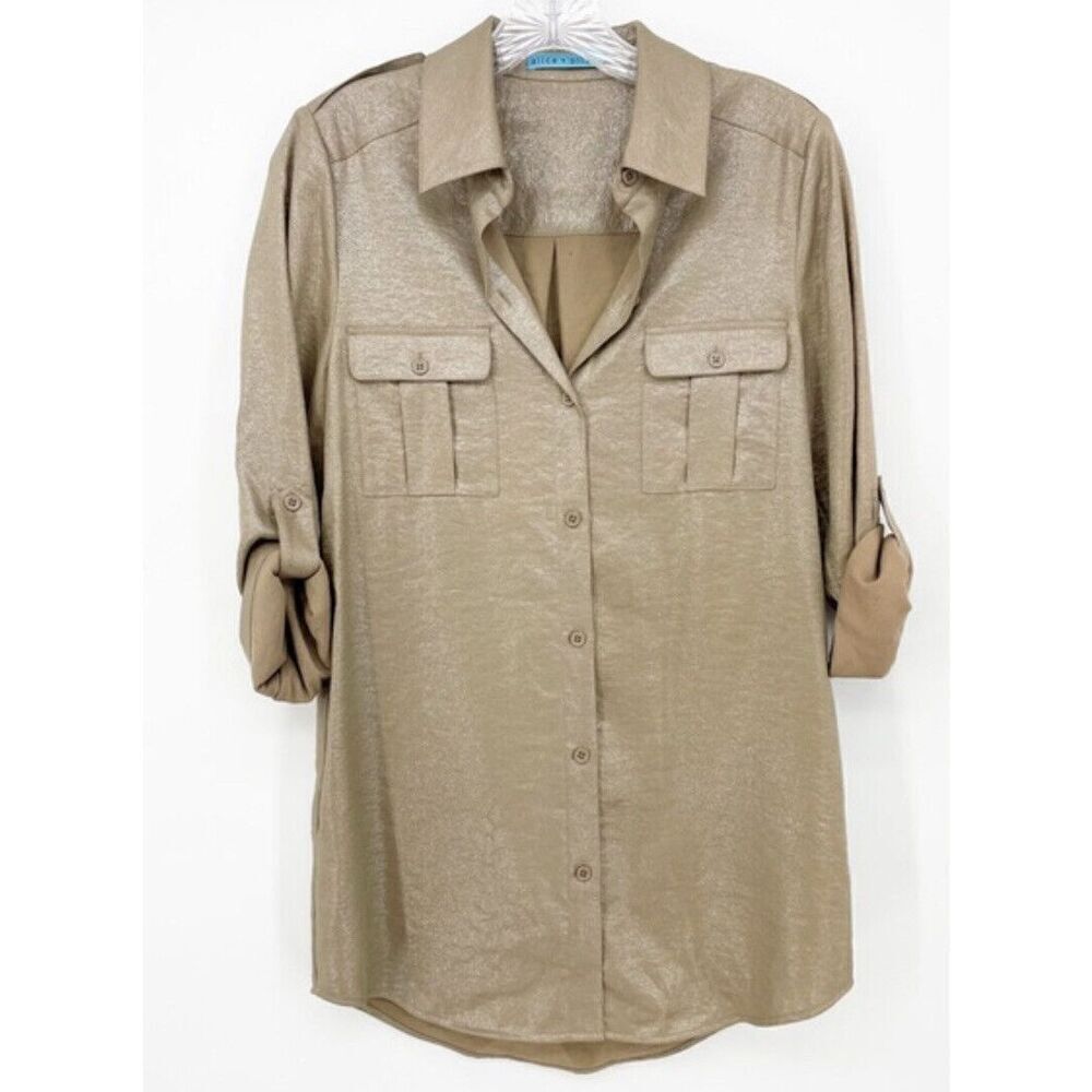 Alice + Olivia Gold Metallic Button Down Utility Shirt C301025441 XS‎